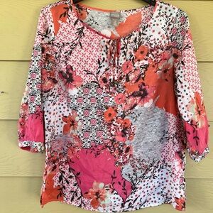 Chico's Pink, Coral & White Floral Tie-Neck Tunic